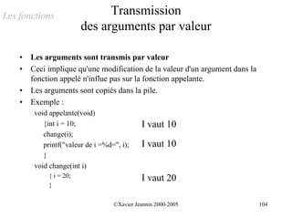 Les fonctions                   Transmission
                          des arguments par valeur

    •   Les arguments sont transmis par valeur
    •   Ceci implique qu'une modification de la valeur d'un argument dans la
        fonction appelé n'influe pas sur la fonction appelante.
    •   Les arguments sont copiés dans la pile.
    •   Exemple :
         void appelante(void)
            {int i = 10;                      I vaut 10
            change(i);
            printf("valeur de i =%d=", i);    I vaut 10
            }
         void change(int i)
              { i = 20;                       I vaut 20
              }

                                    ©Xavier Jeannin 2000-2005                  104
 