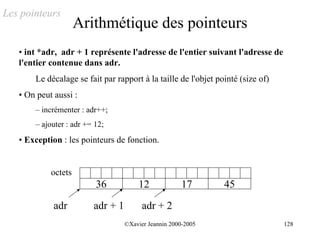 Les pointeurs
                     Arithmétique des pointeurs
   • int *adr, adr + 1 représente l'adresse de l'entier suivant l'adresse de
   l'entier contenue dans adr.
       Le décalage se fait par rapport à la taille de l'objet pointé (size of)
   • On peut aussi :
       – incrémenter : adr++;
       – ajouter : adr += 12;
   • Exception : les pointeurs de fonction.


            octets
                          36           12              17       45

             adr         adr + 1         adr + 2
                                   ©Xavier Jeannin 2000-2005                     128
 