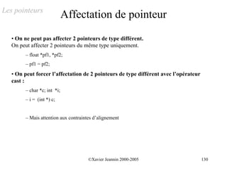 Les pointeurs
                              Affectation de pointeur
   • On ne peut pas affecter 2 pointeurs de type différent.
   On peut affecter 2 pointeurs du même type uniquement.
         – float *pf1, *pf2;
         – pf1 = pf2;
   • On peut forcer l’affectation de 2 pointeurs de type différent avec l’opérateur
   cast :
         – char *c; int *i;
         – i = (int *) c;


         – Mais attention aux contraintes d’alignement




                                       ©Xavier Jeannin 2000-2005                      130
 