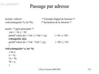 Les pointeurs
                            Passage par adresse

   include <stdio.h>                    /* Exemple d'appel de fonction */
   void echange(int *a, int *b);       /* declaration de la fonction */

   main() /* pgrm principale */
      {int i = 10, j = 20;
      printf("valeur de i =%d= j =%d=", i,j);         i =10= j =20=
      echange(&i, &j);
      printf("valeur de i =%d= =%d=", i,j);            i =20= j =10=
      }
   void echange(int *a, int *b)
      { int x;
      x = *a;
      *a = *b;
      *b = x;
      }
                                    ©Xavier Jeannin 2000-2005               132
 