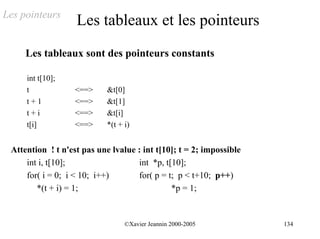 Les pointeurs
                   Les tableaux et les pointeurs
     Les tableaux sont des pointeurs constants

     int t[10];
     t             <==>     &t[0]
     t+1           <==>     &t[1]
     t+i           <==>     &t[i]
     t[i]          <==>     *(t + i)


 Attention ! t n'est pas une lvalue : int t[10]; t = 2; impossible
     int i, t[10];                  int *p, t[10];
     for( i = 0; i < 10; i++)       for( p = t; p < t+10; p++)
        *(t + i) = 1;                         *p = 1;


                                  ©Xavier Jeannin 2000-2005          134
 