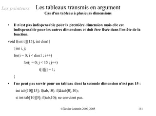 Les pointeurs           Les tableaux transmis en argument
                               Cas d'un tableau à plusieurs dimensions


   •   Il n'est pas indispensable pour la première dimension mais elle est
       indispensable pour les autres dimensions et doit être fixée dans l'entête de la
       fonction.
   void f(int t[][15], int dim1)
       {int i, j;
       for(i = 0; i < dim1 ; i++)
                for(j = 0; j < 15 ; j++)
                           t[i][j] = 1;
       }
   •   f ne peut pas servir pour un tableau dont la seconde dimension n'est pas 15 :
           int tab[10][15]; f(tab,10); f(&tab[0],10);
           si int tab[10][5]; f(tab,10); ne convient pas.

                                           ©Xavier Jeannin 2000-2005                141
 