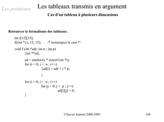 Les pointeurs           Les tableaux transmis en argument
                                  Cas d'un tableau à plusieurs dimensions



   Retrouver le formalisme des tableaux :
      int t[12][15];
      f((int *) t, 12, 15);       /* remarquez le cast */
      void f (int *adr; int n ; int p)
              {int **ad;
              ad = malloc(n * sizeof (int *));
              for (i = 0; i < n ; i++)
                           {ad[i] = adr + i * p;
                              }
              for (i = 0; i < n ; i++)
                           for (j = 0; j < p ; j++)
                                        ad[i][j] = 0;
              }




                                             ©Xavier Jeannin 2000-2005      144
 