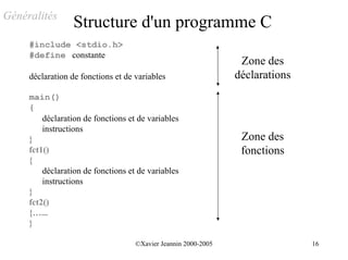 Généralités
                 Structure d'un programme C
     #include <stdio.h>
     #define constante
                                                                 Zone des
     déclaration de fonctions et de variables                   déclarations
     main()
     {
         déclaration de fonctions et de variables
         instructions
     }                                                           Zone des
     fct1()                                                      fonctions
     {
         déclaration de fonctions et de variables
         instructions
     }
     fct2()
     {…...
     }

                                    ©Xavier Jeannin 2000-2005                  16
 