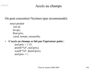 struct                           Accès au champs


   On peut concentrer l'écriture (pas recommandé):
          struct produit
             {int id;
             int qte;
             float prix;
             }oeuf, tomate, mozarella;
   •     L'accès au champs se fait par l'opérateur point :
              œuf.prix = 1.15;
              printf("%f", œuf.prix);
              scanf("%f", &œuf.prix);
              œuf.prix ++;



                                   ©Xavier Jeannin 2000-2005   166
 