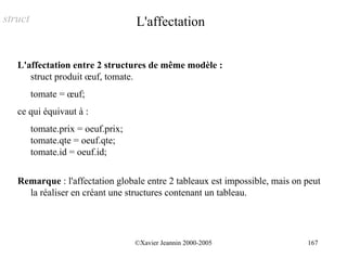 struct                              L'affectation


   L'affectation entre 2 structures de même modèle :
      struct produit œuf, tomate.
         tomate = œuf;
   ce qui équivaut à :
         tomate.prix = oeuf.prix;
         tomate.qte = oeuf.qte;
         tomate.id = oeuf.id;


   Remarque : l'affectation globale entre 2 tableaux est impossible, mais on peut
     la réaliser en créant une structures contenant un tableau.




                                    ©Xavier Jeannin 2000-2005                167
 