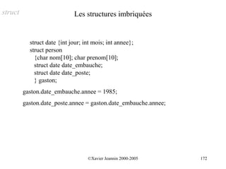 struct                       Les structures imbriquées


           struct date {int jour; int mois; int annee};
           struct person
             {char nom[10]; char prenom[10];
             struct date date_embauche;
             struct date date_poste;
             } gaston;
         gaston.date_embauche.annee = 1985;
         gaston.date_poste.annee = gaston.date_embauche.annee;




                                   ©Xavier Jeannin 2000-2005     172
 