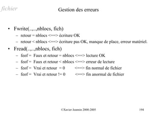 fichier                         Gestion des erreurs


  • Fwrite(..,..,nblocs, fich)
      – retour = nblocs <==> écriture OK
      – retour < nblocs <==> écriture pas OK, manque de place, erreur matériel.
  • Fread(..,..,nblocs, fich)
      –   feof =   Faux et retour = nblocs <==> lecture OK
      –   feof =   Faux et retour < nblocs <==> erreur de lecture
      –   feof =   Vrai et retour = 0      <==> fin normal de fichier
      –   feof =   Vrai et retour != 0     <==> fin anormal de fichier




                                  ©Xavier Jeannin 2000-2005               194
 