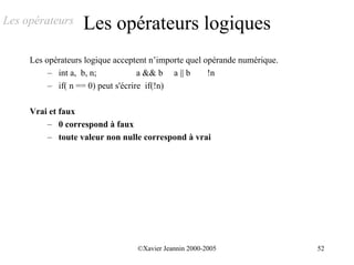 Les opérateurs     Les opérateurs logiques
     Les opérateurs logique acceptent n’importe quel opérande numérique.
          – int a, b, n;            a && b a || b     !n
          – if( n == 0) peut s'écrire if(!n)

     Vrai et faux
         – 0 correspond à faux
         – toute valeur non nulle correspond à vrai




                                  ©Xavier Jeannin 2000-2005                52
 