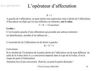 Les opérateurs             L’opérateur d’affectation
                                                X=1
    A gauche de l’affectation, on peut mettre une expression; mais à droite de l’affectation,
    il faut placer un objet qui est une référence en mémoire, une Lvalue.
                                        3 + X = 12 incorrect
    Lvalue :
    C’est la partie gauche d’une affectation qui possède une adresse mémoire :
    un identificateur, membre d’un tableau etc ...

    L’associativité de l’affectation est de droite à gauche :
                                              X=Y=5
    Conversion
    Si le résultat de l’évaluation de la partie droite de l’affectation est de type différent de
    celui de la lvalue alors il y a conversion imposée dans le type de la lvalue, d’où le
    risque de perte d’information.
    Attention lors d’une conversion float/int, on perd la partie décimale !
                                      ©Xavier Jeannin 2000-2005                             54
 