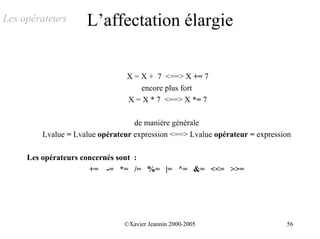Les opérateurs      L’affectation élargie

                                X = X + 7 <==> X += 7
                                    encore plus fort
                                X = X * 7 <==> X *= 7

                                  de manière générale
        Lvalue = Lvalue opérateur expression <==> Lvalue opérateur = expression

     Les opérateurs concernés sont :
                      += -= *= /= %= |= ^= &= <<= >>=




                               ©Xavier Jeannin 2000-2005                     56
 