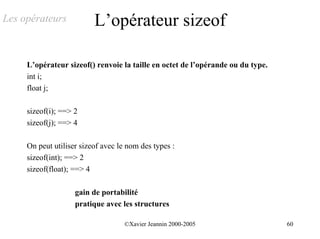 Les opérateurs            L’opérateur sizeof

     L’opérateur sizeof() renvoie la taille en octet de l’opérande ou du type.
     int i;
     float j;

     sizeof(i); ==> 2
     sizeof(j); ==> 4

     On peut utiliser sizeof avec le nom des types :
     sizeof(int); ==> 2
     sizeof(float); ==> 4

                    gain de portabilité
                    pratique avec les structures

                                    ©Xavier Jeannin 2000-2005                    60
 