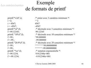 Les entrées/sorties
                                 Exemple
                            de formats de printf
     printf("%3d",i);           /* entier avec 3 caratères minimum */
     i =2;                      ^^2
     i = 4567;                  4567
     i = -4567;                 -4567
     printf("%f",f);             /* décimale avec 3 caractères minimum */
     f =99.12345;                99.12345
     printf( "10%f",f);          /* décimale avec 10 caractères minimum */
     f =99.;                    ^99.000000
     f =-99.;                    -99.000000
     printf( "20.9%f",f);        /* décimale avec 20 caractères minimum */
     f =99.;                    ^^^^^^^^99.000000000
     f =99.;                    ^^^^^^^-99.000000000
     printf( "%e",f);            /* notation exponentielle */
     f =99.1234;                 9.912340e+001
     f =-99.1234;                -9.912340e+001


                                ©Xavier Jeannin 2000-2005                    66
 