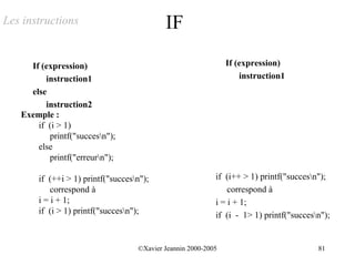 Les instructions                           IF

     If (expression)                                           If (expression)
         instruction1                                              instruction1
     else
         instruction2
   Exemple :
       if (i > 1)
          printf("succesn");
       else
          printf("erreurn");

       if (++i > 1) printf("succesn");                    if (i++ > 1) printf("succesn");
           correspond à                                        correspond à
       i = i + 1;                                          i = i + 1;
       if (i > 1) printf("succesn");                      if (i - 1> 1) printf("succesn");


                                   ©Xavier Jeannin 2000-2005                            81
 