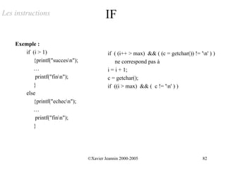 Les instructions                         IF

    Exemple :
       if (i > 1)                         if ( (i++ > max) && ( (c = getchar()) != 'n' ) )
          {printf("succesn");                ne correspond pas à
          …                               i = i + 1;
           printf("finn");               c = getchar();
          }                               if ((i > max) && ( c != 'n' ) )
       else
          {printf("echecn");
          …
           printf("finn");
          }




                                 ©Xavier Jeannin 2000-2005                           82
 