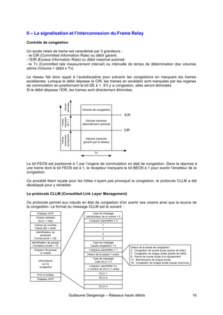 Guillaume Desgeorge – Réseaux hauts débits 10
II – La signalisation et l’interconnexion du Frame Relay
Contrôle de congestion
Un accès relais de trame est caractérisé par 3 grandeurs :
- le CIR (Committed Information Rate) ou débit garanti.
- l’EIR (Excess Information Rate) ou débit maximal autorisé.
- le Tc (Committed rate measurement interval) ou intervalle de temps de détermination des volumes
admis (Volume = débit x Tc)
Le réseau fait donc appel à l’autodiscipline pour prévenir les congestions en marquant les trames
excédantes. Lorsque le débit dépasse le CIR, les trames en excédent sont marquées par les organes
de commutation en positionnant le bit DE à 1. S’il y a congestion, elles seront éliminées.
Si le débit dépasse l’EIR, les trames sont directement éliminées.
Le bit FECN est positionné à 1 par l’organe de commutation en état de congestion. Dans la réponse à
une trame dont le bit FECN est à 1, le récepteur marquera le bit BECN à 1 pour avertir l’émetteur de la
congestion.
Ce procédé étant injuste pour les hôtes n’ayant pas provoqué la congestion, le protocole CLLM a été
développé pour y remédier.
Le protocole CLLM (Consolited Link Layer Management)
Ce protocole permet aux nœuds en état de congestion d’en avertir ses voisins ainsi que la source de
la congestion. Le format du message CLLM est le suivant :
Trames
transmises
normalement
Trames
marquées
DE
=
1
trames
éliminées
Volume de congestion
Volume transmis
débordement autorisé
Volume transmis
garanti par le réseau
Tc
EIR
CIR
...
Drapeau 0x7E
Champ adresse
DLCI = 1023
Champ de contrôle
Trame XID = 0xAF
Identificateur de
protocole
Format privé = 130
Identificateur de groupe
Formation privée = 15
longueur de groupe
(2 octets)
informations
sur la
congestion
FCS (2 octets)
Drapeau 0x7E
Type de message
Identificateur de la norme = 0
Longueur paramètre = 4
1
1
2
2
Type de message
Cause congestion = 2
Longueur paramètre = 1
Valeur de la cause (1 octet)
Type de message
Liste DLCI = 3
DLCI 1
DLCI 2
DLCI n
Longueur paramètre 2.n
n nombre de DLCI (1 octet)
Valeur de la cause de congestion :
2 : Congestion de courte durée (pointe de trafic)
3 : Congestion de longue durée (pointe de trafic)
6 : Panne de courte durée d'un équipement
10 : Maintenance de longue durée
16 : Congestion de longue durée (cause inconnue)
 