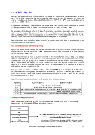 Guillaume Desgeorge – Réseaux hauts débits 25
II – Le 100VG Any LAN
Pendant que qu’un groupe de travail autour de Cisco crée le Fast Ethernet, Helwett-Packard, soutenu
par AT&T et IBM, développe une autre possibilité d’évolution vers le 100 Mégabits qui prend en
charge l’évolution des réseaux Ethernet et Token Ring. Le 100VG Any LAN sera standardisé par la
spécification IEEE 802.12.
L’appellation 100VG Any LAN provient de 100 Mbps, avec de 4 simples paires torsadées de qualité
vocale (Voice Grade) et de sa double compatibilité Ethernet et Token Ring (Any LAN).
La topologie est identique à celle du 10 base T: une étoile hierarchisée autorisant jusqu’à 5 niveaux,
soit 4 hubs . Le hub de tête est appelé «root hub ». Les distances maximum dépendent des câbles
utilisés, soit 100 mètres pour les catégorie 3 et 4 et 150 mètres pour les câbles de catégorie 5 UTP.
Certains câbles particuliers autorisent des longueur de segment de 200 mètres.
Les hubs utilisés sont particuliers à la norme et s’ils sont appelés hubs dans la spécification, ils se
rapprochent plus du commutateur.
Principe de l’accès par scrutation (polling)
Lorsqu’une station désire émettre, elle fait une requête auprès du hub qui lui alloue ou non le support
(Demand Priority Access Method ou DPAM). Les collisions sont donc impossible et le délai d’attente
du aux jetons sont supprimés.
Les stations informent le hub de leur disponibilité en lui transmettant le signal «Idle ». La station
désirant émettre formule une requête avec un niveau de priorité. Les autres machines raccordées sont
averties par le hub que quelqu’un va émettre et se mettent en état de recevoir (signal Incomming,
INC). Lorsque toutes les stations ont cessé l’émission du Idle, cela signifie qu’elles sont prêtes à
recevoir et la station émettrice transmet sa trame. Le hub l’analyse et la transmet à la station
intéressée et reprend l’émission du Idle.
Les signaux de signalisation sont émis en basse fréquence (30 Mhz), ils se composent de 2 tonalités.
La première tonalité correspond à la transmission de 16 bits à 1 suivis de 16 bits à 0, se qui donne un
signal de 0.9375 Mhz, la seconde tonalité alternent la transmission de 8 bits à 0 et 8 bits à 1, se qui
donne un signal de 1.875 MHz.
Les différents signaux de signalisation sont reproduit dans le tableau suivant :
Tonalité Hub vers Station Station vers Hub
Silence Prêt à émettre ou à recevoir
1 et 1 IDLE : Rien à envoyer ou à transmettre
1 et 2 INC : Demande de passage en état de réception NPR : Requête de priorité normale
2 et 1 HPR : Requête de priorité haute
2 et 2 Initialisation INIT : déclenché pour connaître les adresses MAC des stations
Architecture et performances
Les 4 paires étant nécessaire, le débit sur chaque paire est ramené à 25 Mbps. L’architecture
des couches 1 et 2 du modèle OSI est représenté ci-après :
LLC
MAC
P
M
I
(Physical Medium Interface)
PMD
(Physical Medium Dependant)
Les données sont codées en 5B/6B (32 symboles parmi 64). La sous-couche
PMI constitue la trame selon la configuration du réseau (802.3 ou 802.5) et
prépare les données pour chaque paire
La sous-couche PMD est chargée du codage NRZ, du multiplexage éventuel
sur 2 paires ou fibre optique, et de la signalisation entre le hub et la station.
 