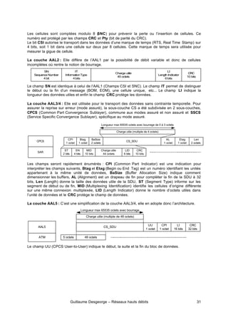 Guillaume Desgeorge – Réseaux hauts débits 31
Les cellules sont comptées modulo 8 (
SNC) pour prévenir la perte ou l’insertion de cellules. Ce
numéro est protégé par les champs CRC et Pty (bit de parité du CRC).
Le bit CSI autorise le transport dans les données d’une marque de temps (RTS, Real Time Stamp) sur
4 bits, soit 1 bit dans une cellule sur deux par 8 cellules. Cette marque de temps sera utilisée pour
mesurer la gigue de cellule.
La couche AAL2 : Elle diffère de l’AAL1 par la possibilité de débit variable et donc de cellules
incomplètes où rentre la notion de bourrage.
Le champ SN est identique à celui de l’AAL1 (Champs CSI et SNC). Le champ IT permet de distinguer
le début ou la fin d’un message (BOM, EOM), une cellule unique, etc... Le champ LI indique la
longueur des données utiles et enfin le champ CRC protège les données.
La couche AAL3/4 : Elle est utilisée pour le transport des données sans contrainte temporelle. Pour
assurer la reprise sur erreur (mode assuré), la sous-couche CS a été subdivisée en 2 sous-couches,
CPCS (Common Part Convergence Sublayer), commune aux modes assuré et non assuré et SSCS
(Service Specific Convergence Sublayer), spécifique au mode assuré.
Les champs seront rapidement énumérés : CPI (Common Part Indicator) est une indication pour
interpréter les champs suivants, Btag et Etag (Begin ou End Tag) est un numéro identifiant les unités
appartenant à la même unité de données, BaSize (Buffer Allocation Size) indique comment
dimensionner les buffers, AL (Alignment) est un drapeau de fin pour compléter la fin de la SDU à 32
bits, Len (Length) donne la taille des données utile de la SDU, ST (Segment Type) informe sur les
segment de début ou de fin, MID (Multiplexing Identification) identifie les cellules d’origine différente
sur une même connexion multiplexée, LID (Length Indicator) donne le nombre d’octets utiles dans
l’unité de données et le CRC protège le champ de données.
La couche AAL5 : C’est une simplification de la couche AAL3/4, elle en adopte donc l’architecture.
Le champ UU (CPCS User-to-User) indique le début, la suite et la fin du bloc de données.
SN
SequenceNumber
4bit
IT
InformationType
4bits
LI
Length Indicator
6bits
C
R
C
10 bits
Charge utile
45 octets
CPCS
SAR
CS_SDU
CPI
1 octet
Charge utile (multiple de 4 octets)
Longueur max 65535 octets avec bourrage de 0 à 3 octets
Btag
1 octet
BaSize
2 octets
AL
1 octet
Etag
1 octet
Len
2 octets
Charge utile
44 octets
ST
2 bits
SN
4 bits
MID
10 bits
LID
6 bits
CRC
10 bits
AAL5
ATM
CS_SDU
CPI
1 octet
Charge utile (multiple de 48 octets)
Longueur max 65535 octets avec bourrage
LI
16 bits
CRC
32 bits
UU
1 octet
48 octets
5 octets
 