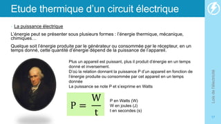 Etude thermique d’un circuit électrique
• La puissance électrique
L’énergie peut se présenter sous plusieurs formes : l’énergie thermique, mécanique,
chimiques…
Quelque soit l’énergie produite par le générateur ou consommée par le récepteur, en un
temps donné, cette quantité d’énergie dépend de la puissance de l’appareil.
Lois
de
l'électricité
17
Plus un appareil est puissant, plus il produit d’énergie en un temps
donné et inversement.
D’où la relation donnant la puissance P d’un appareil en fonction de
l’énergie produite ou consommée par cet appareil en un temps
donnée
La puissance se note P et s’exprime en Watts
P =
W
t
P en Watts (W)
W en joules (J)
t en secondes (s)
 