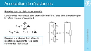 Association de résistances
Branchement de résistances en série
Lorsque des résistances sont branchées en série, elles sont traversées par
le même courant d’intensité I.
Lois
de
l'électricité
25
Dans un branchement en série , la
résistance équivalente Réq est la
somme des résistances
𝑹𝒆𝒒 =
𝒊=𝟏
𝒏
𝑹𝒊
𝑹𝒆𝒒 = 𝑹𝟏 + 𝑹𝟐 + ⋯ + 𝑹𝒊
 