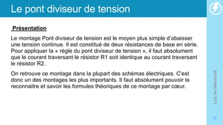 Le pont diviseur de tension
Présentation
Le montage Pont diviseur de tension est le moyen plus simple d’abaisser
une tension continue. Il est constitué de deux résistances de base en série.
Pour appliquer la « règle du pont diviseur de tension », il faut absolument
que le courant traversant le résistor R1 soit identique au courant traversant
le résistor R2.
On retrouve ce montage dans la plupart des schémas électriques. C'est
donc un des montages les plus importants. Il faut absolument pouvoir le
reconnaitre et savoir les formules théoriques de ce montage par cœur.
Lois
de
l'électricité
27
 