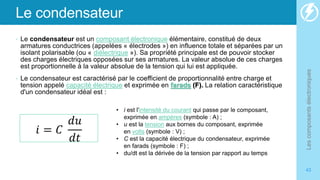 Le condensateur
• Le condensateur est un composant électronique élémentaire, constitué de deux
armatures conductrices (appelées « électrodes ») en influence totale et séparées par un
isolant polarisable (ou « diélectrique »). Sa propriété principale est de pouvoir stocker
des charges électriques opposées sur ses armatures. La valeur absolue de ces charges
est proportionnelle à la valeur absolue de la tension qui lui est appliquée.
• Le condensateur est caractérisé par le coefficient de proportionnalité entre charge et
tension appelé capacité électrique et exprimée en farads (F). La relation caractéristique
d'un condensateur idéal est :
Les
composants
électroniques
43
𝑖 = 𝐶
𝑑𝑢
𝑑𝑡
• i est l'intensité du courant qui passe par le composant,
exprimée en ampères (symbole : A) ;
• u est la tension aux bornes du composant, exprimée
en volts (symbole : V) ;
• C est la capacité électrique du condensateur, exprimée
en farads (symbole : F) ;
• du/dt est la dérivée de la tension par rapport au temps
 