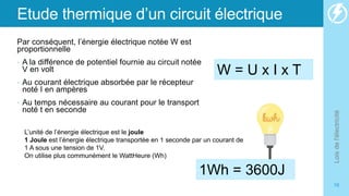 Etude thermique d’un circuit électrique
Par conséquent, l’énergie électrique notée W est
proportionnelle
• A la différence de potentiel fournie au circuit notée
V en volt
• Au courant électrique absorbée par le récepteur
noté I en ampères
• Au temps nécessaire au courant pour le transport
noté t en seconde
Lois
de
l'électricité
16
W = U x I x T
L’unité de l’énergie électrique est le joule
1 Joule est l’énergie électrique transportée en 1 seconde par un courant de
1 A sous une tension de 1V.
On utilise plus communément le WattHeure (Wh)
1Wh = 3600J
 
