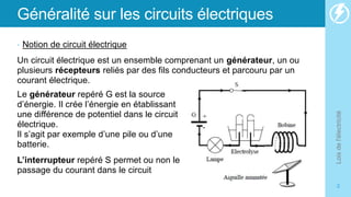 Généralité sur les circuits électriques
• Notion de circuit électrique
Un circuit électrique est un ensemble comprenant un générateur, un ou
plusieurs récepteurs reliés par des fils conducteurs et parcouru par un
courant électrique.
Lois
de
l'électricité
2
Le générateur repéré G est la source
d’énergie. Il crée l’énergie en établissant
une différence de potentiel dans le circuit
électrique.
Il s’agit par exemple d’une pile ou d’une
batterie.
L’interrupteur repéré S permet ou non le
passage du courant dans le circuit
 