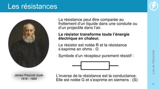 Les résistances
• La résistance peut être comparée au
frottement d’un liquide dans une conduite ou
d’un projectile dans l’air.
• Le résistor transforme toute l’énergie
électrique en chaleur.
• Le résistor est notée R et la résistance
s’exprime en ohms : Ω
• Symbole d’un récepteur purement résistif :
L’inverse de la résistance est la conductance.
Elle est notée G et s’exprime en siemens : (S)
Lois
de
l'électricité
22
James Prescott Joule
1818 - 1889
 