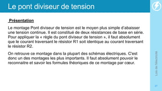 Le pont diviseur de tension
Présentation
Le montage Pont diviseur de tension est le moyen plus simple d’abaisser
une tension continue. Il est constitué de deux résistances de base en série.
Pour appliquer la « règle du pont diviseur de tension », il faut absolument
que le courant traversant le résistor R1 soit identique au courant traversant
le résistor R2.
On retrouve ce montage dans la plupart des schémas électriques. C'est
donc un des montages les plus importants. Il faut absolument pouvoir le
reconnaitre et savoir les formules théoriques de ce montage par cœur.
Lois
de
l'électricité
27
 