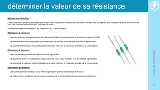 déterminer la valeur de sa résistance.
Méthode pour déchiffrer
ll faut tout d'abord placer la résistance dans le bon sens. En général, la résistance possède un anneau doré ou argenté, qu'il f aut placer à droite. Dans d'autres
cas, c'est l'anneau le plus large qu'il faut placer à droite.
Il existe trois types de résistances : les résistances à 4, 5 et 6 anneaux.
Résistances à 4 anneaux
• Les deux premiers anneaux donnent les chiffres significatifs (le premier donne la dizaine et le second l'unité).
• Le troisième donne le multiplicateur (la puissance de 10 qu'il faut multiplier avec les chiffres significatifs).
• Le quatrième la tolérance (les incertitudes sur la valeur réelle de la résistance donnée par le constructeur).
Résistances à 5 anneaux
• Les trois premiers anneaux donnent les chiffres significatifs.
• Le quatrième donne le multiplicateur (la puissance de 10 qu'il faut multiplier avec les chiffres significatifs).
• Le cinquième la tolérance (les incertitudes sur la valeur réelle de la résistance donnée par le constructeur).
Résistances à 6 anneaux
• Les quatres premiers anneaux ont la même signification que les résistances à 5 anneaux
• Le sixième est un coefficient de temperature (variation de la conductivité électrique avec la température)
Lois
de
l'électricité
32
 