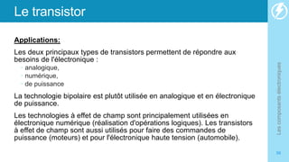 Le transistor
Applications:
Les deux principaux types de transistors permettent de répondre aux
besoins de l'électronique :
 analogique,
 numérique,
 de puissance
La technologie bipolaire est plutôt utilisée en analogique et en électronique
de puissance.
Les technologies à effet de champ sont principalement utilisées en
électronique numérique (réalisation d'opérations logiques). Les transistors
à effet de champ sont aussi utilisés pour faire des commandes de
puissance (moteurs) et pour l'électronique haute tension (automobile).
Les
composants
électroniques
56
 