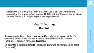 • La tension entre les points A et B d’un circuit c’est la différence de
potentiel entre le points A et le point B. Elle est représentée sur un circuit
par une flèche qui indique le potentiel le plus élevé:
𝐔𝐀𝐁 = 𝐕𝐀 − 𝐕𝐁
U en Volt
Analogie avec l’eau : l’eau (le courant) circule entre deux points d’un
circuit s’il existe entre ces deux points une différence de hauteur
(potentiel) appelée pression (tension).
La quantité d’eau (électricité) déplacée par unité de temps est le débit
(intensité)
Lois
de
l'électricité
7
 