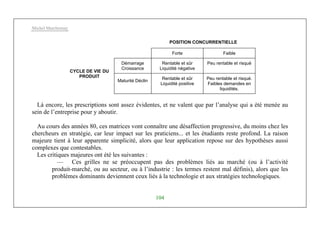 Michel Marchesnay
104
POSITION CONCURRENTIELLE
Forte Faible
Démarrage
Croissance
Rentable et sûr
Liquidité négative
Peu rentable et risqué
CYCLE DE VIE DU
PRODUIT
Maturité Déclin
Rentable et sûr
Liquidité positive
Peu rentable et risqué.
Faibles demandes en
liquidités.
Là encore, les prescriptions sont assez évidentes, et ne valent que par l’analyse qui a été menée au
sein de l’entreprise pour y aboutir.
Au cours des années 80, ces matrices vont connaître une désaffection progressive, du moins chez les
chercheurs en stratégie, car leur impact sur les praticiens... et les étudiants reste profond. La raison
majeure tient à leur apparente simplicité, alors que leur application repose sur des hypothèses aussi
complexes que contestables.
Les critiques majeures ont été les suivantes :
— Ces grilles ne se préoccupent pas des problèmes liés au marché (ou à l’activité
produit-marché, ou au secteur, ou à l’industrie : les termes restent mal définis), alors que les
problèmes dominants deviennent ceux liés à la technologie et aux stratégies technologiques.
 