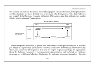 Management Stratégique
161
Par exemple, un excès de division du travail (découpage en services cloisonnés, forte spécialisation
des tâches) entraîne une baisse d’intérêt pour le travail, un refus d’intégration, c’est-à-dire d’adhésion
aux objectifs de la Direction. Ce couple intégration-différenciation peut être schématisé en grandes
théories ou conceptions de l’organisation :
Dans l’entreprise « artisanale », la gestion reste traditionnelle : tâches peu différenciées, et individus
peu intégrés à l’organisation. Le taylorisme va surtout jouer sur les problèmes de différenciation des
tâches, sans s’intéresser à l’intégration. A la suite des progrès en psychosociologie des organisations
(école des Relations Humaines) et en management (décentralisation staff and line), on s’intéresse
davantage aux problèmes d’adhésion, d’intégration des individus (notamment des cadres : direction
INTÉGRATION DES INDIVIDUS
DIFFÉRENCIATION
DES TÂCHES
FAIBLE
FORTE
FAIBLE FORTE
Entreprise
« artisanale »
Entreprise
taylorienne
Entreprise
« moderniste »
Entreprise
« adhocratique »
Entreprise
« toyotiste »
 