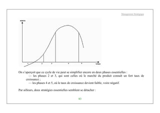 Management Stratégique
83
On s’aperçoit que ce cycle de vie peut se simplifier encore en deux phases essentielles :
— les phases 2 et 3, qui sont celles où le marché du produit connaît un fort taux de
croissance ;
— les phases 4 et 5, où le taux de croissance devient faible, voire négatif.
Par ailleurs, deux stratégies essentielles semblent se détacher :
 