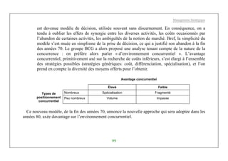 Management Stratégique
99
est devenue modèle de décision, utilisée souvent sans discernement. En conséquence, on a
tendu à oublier les effets de synergie entre les diverses activités, les coûts occasionnés par
l’abandon de certaines activités, les ambiguïtés de la notion de marché. Bref, la simplicité du
modèle s’est muée en simplisme de la prise de décision, ce qui a justifié son abandon à la fin
des années 70. Le groupe BCG a alors proposé une analyse tenant compte de la nature de la
concurrence : on préfère alors parler « d’environnement concurrentiel ». L’avantage
concurrentiel, primitivement axé sur la recherche de coûts inférieurs, s’est élargi à l’ensemble
des stratégies possibles (stratégies génériques: coût, différenciation, spécialisation), et l’on
prend en compte la diversité des moyens offerts pour l’obtenir.
Avantage concurrentiel
Élevé Faible
Nombreux Spécialisation FragmentéTypes de
positionnement
concurrentiel
Peu nombreux Volume Impasse
Ce nouveau modèle, de la fin des années 70, annonce la nouvelle approche qui sera adoptée dans les
années 80, axée davantage sur l’environnement concurrentiel.
 