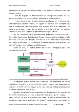 Cours du management stratégique S6 de la Filière SEG
Faculté des Sciences Economiques, Juridiques et Sociales d’Ain Sebaa Pr. Driss BAAKIL
13
permettant de dégager les Opportunités et les Menaces présentes dans son
environnement.
- Ensuite, proposer les différents scénarios stratégiques possibles pour en
choisir qu’un seul qu’il faut adopter (la décision stratégique retenue);
- Enfin, faire le suivi de cette décision stratégique par l’évaluation des
réalisations (les résultats obtenus) par rapport aux objectifs fixés au départ. Les
écarts stratégiques constatés doivent être analysés afin de les expliquer (les
raisons ou causes) et par là, les ajuster éventuellement par des actions
correctives en vue de préparer les décisions stratégiques futures.
En fait, le modèle SWOT représente une abréviation signifia en anglais :
Strenghts, Weaknesses, Opportunities, Threats (Forces, Faiblesses, Opportunités,
Menaces). Il résume les différentes opportunités et des différentes menaces dans
un tableau synthétique. Les propositions stratégies résultent du croisement des
Forces/Faiblesses avec les Opportunités/Menaces.
Dans ce sens, le modèle SWOT de l’analyse stratégique peut être
schématisé comme suit :
Le diagnostic global permet donc d'identifier "les problèmes de nature
stratégique" (menaces et opportunités de l'environnement, mais également les
écarts ou le "GAP" entre les moyens et les ressources de l'entreprise et ceux qui
s'avèrent nécessaires pour réussir).
La finalité de la planification stratégique est de déterminer les objectifs ou
les problèmes stratégiques posés. Le diagnostic stratégique quant à lui peut
déboucher sur un "plan stratégique" plus claire à travers la reformulation des
problèmes posés ou la redéfinition des objectifs marketing de l’entreprise. Ce
 