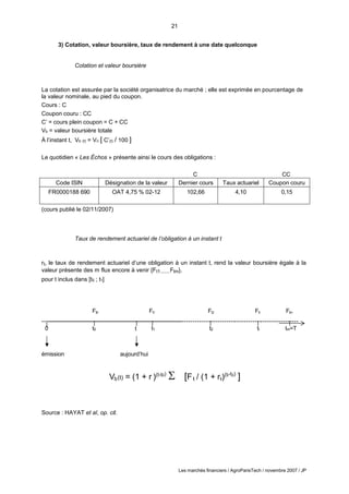 21
Les marchés financiers / AgroParisTech / novembre 2007 / JP
b i
t i
=
1
t t
3) Cotation, valeur boursière, taux de rendement à une date quelconque
Cotation et valeur boursière
La cotation est assurée par la société organisatrice du marché ; elle est exprimée en pourcentage de
la valeur nominale, au pied du coupon.
Cours : C
Coupon couru : CC
C’ = cours plein coupon = C + CC
Vb = valeur boursière totale
À l’instant t, Vb (t) = Vn [ C’(t) / 100 ]
Le quotidien « Les Échos » présente ainsi le cours des obligations :
C CC
Code ISIN Désignation de la valeur Dernier cours Taux actuariel Coupon couru
FR0000188 690 OAT 4,75 % 02-12 102,66 4,10 0,15
(cours publié le 02/11/2007)
Taux de rendement actuariel de l’obligation à un instant t
rt, le taux de rendement actuariel d’une obligation à un instant t, rend la valeur boursière égale à la
valeur présente des m flux encore à venir {Ft1.......Ftm},
pour t inclus dans [t0 ; t1]
t
émission aujourd’hui
V (t) = (1 + r )(t-t0)
 [F / (1 + r )(ti-t0)
]
Source : HAYAT et al, op. cit.
Ft0 Ft1 Ft2 Fti Ftm
0 t0 t1 t2 ti tm=T
 