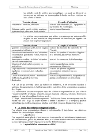 Résumé de Théorie et Guide de Travaux Pratiques                      Marketing


                les attitudes sont des critères psychographiques ; on peut les découvrir en
                interrogeant les individus sur leurs activités de loisirs, sur leurs opinions, sur
                leurs centres d’intérêts.

              Types de critères                                Exemples d’utilisation
Personnalité : introverti, extraverti               Marchés de l’automobile, de l’équipement de
                                                    la personne, des cosmétiques.
Attitudes : actifs, passifs, réaliste, sceptique,   Marché des médicaments.
hypocondriaque, chercheur d’avis autorisé

               Les critères comportementaux sont utilisés pour découper en sous-ensembles
                du point de vue attitudes et comportements des individus par rapport à un
                produit ou à un groupe de produits.

               Types de critères                               Exemples d’utilisation
Quantités consommées : petit, moyen ou gros         Marchés des boissons, des transports, de
consommateur/ utilisateur                           l’énergie.
Habitudes de consommation ou d’utilisation :        Marchés des produits d’entretien, d’hygiène
consommation quotidienne ou non, régulière          de la personne, des services bancaires.
ou irrégulière
Avantages recherchés : facilités d’utilisation,     Marchés des transports, de l’informatique.
services complémentaires
Situations d’achat : achat personnel ou             Marché des produits de grande
professionnel                                       consommation alimentaire.
Degré de fidélité : consommateur/utilisateur        Marchés des produits de grande
régulier ou occasionnel, non exclusif ou            consommation alimentaire ou non
infidèle                                            alimentaire.
Circuit de distribution préféré : distributions     Marché de la parapharmacie, des produits de
traditionnelle, grande et moyenne                   grande consommation non alimentaire.
distribution

N.B. : en ce qui concerne l’étude de marché des entreprises, il est nécessaire d’adapter la
technique de segmentation et d’utiliser des critères industriels. Cette segmentation s’opère en
deux étapes :
1ère : identification des macro-segments avec des critères de segmentation tels que taille de
l’entreprise (chiffre d’affaires, effectifs), secteur d’activité (industrie, bâtiment, distribution,
services…), zone géographique (régions, pays)…
2ème étape : identification des micro-segments à l’intérieur de chaque macro-segment avec des
critères tels que : l’âge du client (nombre d’années d’existence de l’entreprise) position
hiérarchique du décideur, importance attachée au produit, processus de décision d’achat…

    2. Le choix des critères de segmentations :
Pour aboutir à une segmentation efficace et opérationnelle, il faut choisir les critères en
fonction des caractéristiques suivantes :
            • La pertinence
Pour un produit sonné, plus le critère retenu est étroitement lié aux attitudes et comportements
des consommateurs, plus il est pertinent. Ainsi, si le critère du sexe dans le cas du marché de
la presse périodique, il ne l’est pas pour le marché de l’informatique.
            • La possibilité de mesure (mesurabilité)

   OFPPT / I.S.G.I              Elaborée par Mme TSOULI FAROUKH NEZHA                      Page 104
 