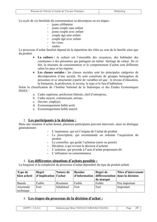 Résumé de Théorie et Guide de Travaux Pratiques                   Marketing


 Le cycle de vie familiale du consommateur se décompose en six étapes :
                         - jeune célibataire
                         - jeune couple sans enfant
                         - jeune couple avec enfant
                         - couple âgé sans enfant
                         - couple âgé avec enfant
                         - les vieux
                         - seules.
 Le processus d’achat familial dépend de la répartition des rôles au sein de la famille ainsi que
 du produit.
             • La culture : la culture est l’ensemble des croyances, des habitudes des
                communes à des personnes qui partagent un même héritage de valeur. De ce
                fait, la structure de consommation et le comportement d’achat sont différents
                selon les pays et les régions.
             • Les classes sociales : les classes sociales sont les principales catégories de
                décomposition d’une société. Ils sont constitués de groupes homogènes de
                personnes et se structurant à partir de variables tel que : le niveau d’éducation,
                la formation, la profession, le revenu, le type et le lieu d’habitation.
 Selon la classification de l’Institut National de la Statistique et des Etudes Economiques
 INSEE :
             a. Cadre supérieur, profession libérale, chef d’entreprise.
             b. Cadre moyen, commerçant, artisan.
             c. Ouvrier, employé.
             d. Economiquement faible actif.
             e. Economiquement faible inactif.


    2. Les participants à la décision :
 Dans une situation d’achat donné, plusieurs participants peuvent intervenir, ainsi on distingue
 généralement :
                       - L’inspirateur, qui est l’origine de l’achat du produit
                       - Le prescripteur, qui recommande ou ordonne l’acquisition du
                          produit
                       - Le conseiller, qui guide l’acheteur (amis ou parent)
                       - Décideur, à qui revient la décision d’acheter
                       - L’acheteur, qui procède à l’acte d’achat proprement dit
                       - L’utilisateur ou consommateur.

     3. Les différentes situations d’achats possible :
 La longueur et la complexité du processus d’achat dépendent du type du produit acheté.

Type de         Degré         Nature de           Besoins       Degré de          Nbre d’intervenant
bien acheté     d’implication l’achat             d’information différenciation   dans la décision
                                                                de marque
Banale          Faible            Routinier       Faible        Faible            Peu important
Anormale        Fort              Inhabituel      Fort          Fort              Important
technique

    4. Les étapes du processus de la décision d’achat :

    OFPPT / I.S.G.I               Elaborée par Mme TSOULI FAROUKH NEZHA                   Page    20
 