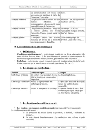 Résumé de Théorie et Guide de Travaux Pratiques                     Marketing


                          La communication est fondée sur         fait ».
                          une promesse identique, à partir de
                          l’image de l’entreprise.
Marque ombrelle           Les produits sont différents, sur des   Thomson : TV, réfrigérateurs,
                          marchés          différents.       La   machines à laver...
                          communication est personnelle mais
                          reprend l’image de l’entreprise.
Marque caution            Chaque marque profite de l’image de     La marque DANONE
                          la marque globale qui fédère            regroupe les marques Danette,
                          l’ensemble. Chaque produit a une vie    Dan’up, Danino.
                          autonome.
Marque globale            L’entreprise exerce une activité        Coca-cola regroupe les
                          mondiale est profite de la notoriété    produits Coca-cola, Sprite….
                          ainsi acquise auprès du public.

   B. Le conditionnement et l’emballage :

           1. Définitions :
      Conditionnement (packaging) : protection du produit en vue de sa présentation à la
       vente (boites, flacons, tubes…). Le conditionnement permet au consommateur de
       reconnaître le produit (forme, matière, couleur, présentation, texte informatif…).
      Emballage : protection du produit en vue du transport, stockage et parfois de la vente
       (caisse en carton qui se transforme en présentoir, con, tainer, fût, etc.…).

           2. Les niveaux de l’emballage :

Niveaux              Caractéristiques                        Exemples
Emballage primaire   En contact avec le produit et donc      La bouteille plastique.
                     lié à la fonction de conservation
                     du produit.
Emballage secondaire Assure le regroupement des               Le pack de 6 bouteilles plastiques
                     emballages primaires.                    tenues par un film thermo-
                                                              retractable.
Emballage tertiaire       Permet le transport et le stockage. La palette formée de packs de 6
                                                              bouteilles plastiques tenues par
                                                              un film thermo-retractable.




           3. Les fonctions du conditionnement :

    Les fonctions physiques du conditionnement : (par rapport à l’environnement) :
Le conditionnement doit assurer :
               La protection du produit contre la pollution, la lumière, l’humidité, la
                 chaleur…
               La protection de l’environnement : être écologique, non polluant et puis
                 retraitable.



   OFPPT / I.S.G.I             Elaborée par Mme TSOULI FAROUKH NEZHA                     Page   43
 