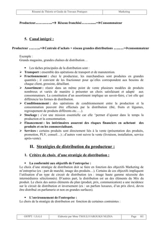 Résumé de Théorie et Guide de Travaux Pratiques                     Marketing



    Producteur…….…..→ Réseau franchisé…….....→ Consommateur



        5. Canal intégré :

Producteur ……..→ Centrale d’achats + réseau grandes distributions ….…→ consommateur

    Exemple :
    Grands magasins, grandes chaînes de distribution…

         Les tâches principales de la distribution sont :
       Transport : ensemble des opérations de transport et de manutention.
       Fractionnement : chez le producteur, les marchandises sont produites en grandes
        quantités ; il convient de les fractionner pour qu’elles correspondent aux besoins de
        chaque client, grossiste, détaillant.
       Assortiment : réunir dans un même point de vente plusieurs modèles de produits
        nombreux et variés de manière à présenter un choix satisfaisant et adapté aux
        consommateurs. La constitution d’un assortiment implique un savoir-faire, c’est elle qui
        différencie les formes de distribution.
       Conditionnement : des opérations de conditionnement entre la production et la
        consommation peuvent être effectués par la distribution (thé, fruits et légumes,
        regroupement de produits différents etc.….).
       Stockage : c’est une mission essentielle car elle ^permet d’ajuster dans le temps la
        production et la consommation.
       Financement : les intérimaires assurent des risques financiers en achetant des
        produits et en les commercialisant.
       Services : certains produits sont directement liés à la vente (présentation des produits,
        promotion, PLV, conseil…) ; d’autres vont suivre la vente (livraison, installation, service
        après-vente).

            II. Stratégies de distribution du producteur :
        1. Critère de choix d’une stratégie de distribution :

         La conformité aux objectifs de l’entreprise :
    Le choix d’une stratégie de distribution doit se faire en fonction des objectifs Marketing de
    m’entreprise (ex : part de marché, image des produits…). Certains de ces objectifs impliquent
    l’utilisation d’un type de circuit de distribution (ex : image haute gamme nécessite des
    intermédiaires sélectionnés). D’autres part, la distribution est un des éléments du Mix du
    produit. Le choix des autres éléments du plan (produit, prix, communication) a une incidence
    sur le circuit de distribution et inversement (ex : un parfum luxueux, d’un prix élevé, devra
    être distribué en parfumerie et non en grandes surfaces).

        L’environnement de l’entreprise :
    Le choix de la stratégie de distribution est fonction de certaines contraintes :



        OFPPT / I.S.G.I             Elaborée par Mme TSOULI FAROUKH NEZHA                     Page   61
 