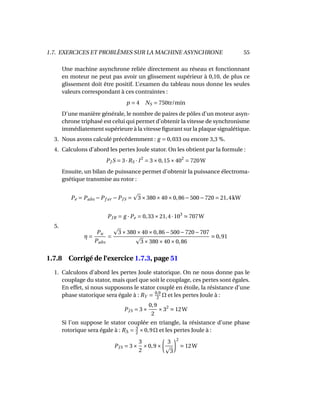 1.7. EXERCICES ET PROBLÈMES SUR LA MACHINE ASYNCHRONE 55
Une machine asynchrone reliée directement au réseau et fonctionnant
en moteur ne peut pas avoir un glissement supérieur à 0,10, de plus ce
glissement doit être positif. L’examen du tableau nous donne les seules
valeurs correspondant à ces contraintes :
p = 4 NS = 750tr/min
D’une manière générale, le nombre de paires de pôles d’un moteur asyn-
chrone triphasé est celui qui permet d’obtenir la vitesse de synchronisme
immédiatement supérieure à la vitesse ﬁgurant sur la plaque signalétique.
3. Nous avons calculé précédemment : g = 0,033 ou encore 3,3 %.
4. Calculons d’abord les pertes Joule stator. On les obtient par la formule :
PJ S = 3·RS · I2
= 3×0,15×402
= 720W
Ensuite, un bilan de puissance permet d’obtenir la puissance électroma-
gnétique transmise au rotor :
Pe = Pabs −Pf er −PJS = 3×380×40×0,86−500−720 = 21,4kW
PJR = g ·Pe = 0,33×21,4·103
707W
5.
η =
Pu
Pabs
=
3×380×40×0,86−500−720−707
3×380×40×0,86
0,91
1.7.8 Corrigé de l’exercice 1.7.3, page 51
1. Calculons d’abord les pertes Joule statorique. On ne nous donne pas le
couplage du stator, mais quel que soit le couplage, ces pertes sont égales.
En effet, si nous supposons le stator couplé en étoile, la résistance d’une
phase statorique sera égale à : RY = 0,9
2
Ω et les pertes Joule à :
PJS = 3×
0,9
2
×32
12W
Si l’on suppose le stator couplée en triangle, la résistance d’une phase
rotorique sera égale à : R∆ = 3
2
×0,9Ω et les pertes Joule à :
PJS = 3×
3
2
×0,9×
3
3
2
12W
 
