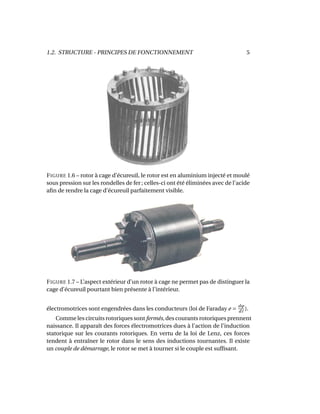 1.2. STRUCTURE - PRINCIPES DE FONCTIONNEMENT 5
FIGURE 1.6 – rotor à cage d’écureuil, le rotor est en aluminium injecté et moulé
sous pression sur les rondelles de fer ; celles-ci ont été éliminées avec de l’acide
aﬁn de rendre la cage d’écureuil parfaitement visible.
FIGURE 1.7 – L’aspect extérieur d’un rotor à cage ne permet pas de distinguer la
cage d’écureuil pourtant bien présente à l’intérieur.
électromotrices sont engendrées dans les conducteurs (loi de Faraday e =
dϕ
dt
).
Comme les circuits rotoriques sont fermés, des courants rotoriques prennent
naissance. Il apparaît des forces électromotrices dues à l’action de l’induction
statorique sur les courants rotoriques. En vertu de la loi de Lenz, ces forces
tendent à entraîner le rotor dans le sens des inductions tournantes. Il existe
un couple de démarrage, le rotor se met à tourner si le couple est sufﬁsant.
 