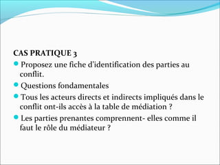 CAS PRATIQUE 3
Proposez une fiche d’identification des parties au
conflit.
Questions fondamentales
Tous les acteurs directs et indirects impliqués dans le
conflit ont-ils accès à la table de médiation ?
Les parties prenantes comprennent- elles comme il
faut le rôle du médiateur ?
 