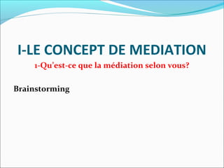 I-LE CONCEPT DE MEDIATION
1-Qu’est-ce que la médiation selon vous?
Brainstorming
 