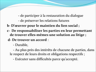              - de participer à la restauration du dialogue
             - de préserver les relations futures
b- D’œuvrer pour le maintien du lien social ;
c- De responsabiliser les parties en leur permettant
de trouver elles-mêmes une solution au litige ;
 d- De trouver un accord :
       - Durable,
       - Au plus près des intérêts de chacune de parties, dans 
le respect de leurs droits et obligations respectifs ;
       - Exécuter sans difficultés parce qu’accepté.
 