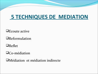 5 TECHNIQUES DE MEDIATION
Ecoute active
Reformulation
Reflet
Co-médiation
Médiation et médiation indirecte
 