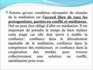 Notons qu’une condition nécessaire de réussite
de la médiation est l’accord libre de tous les
protagonistes, parties en conflit et médiateur.
Nul ne peut être obligé d’aller en médiation. Il est
important de prendre le temps de bien réaliser
cette étape car elle doit servir à établir la
confiance : confiance dans le déroulement
équitable de la médiation, confiance dans la
compétence des médiateurs et confiance dans la
coopération des médiés pour trouver
collectivement une solution au conflit,
satisfaisante pour tous.
 